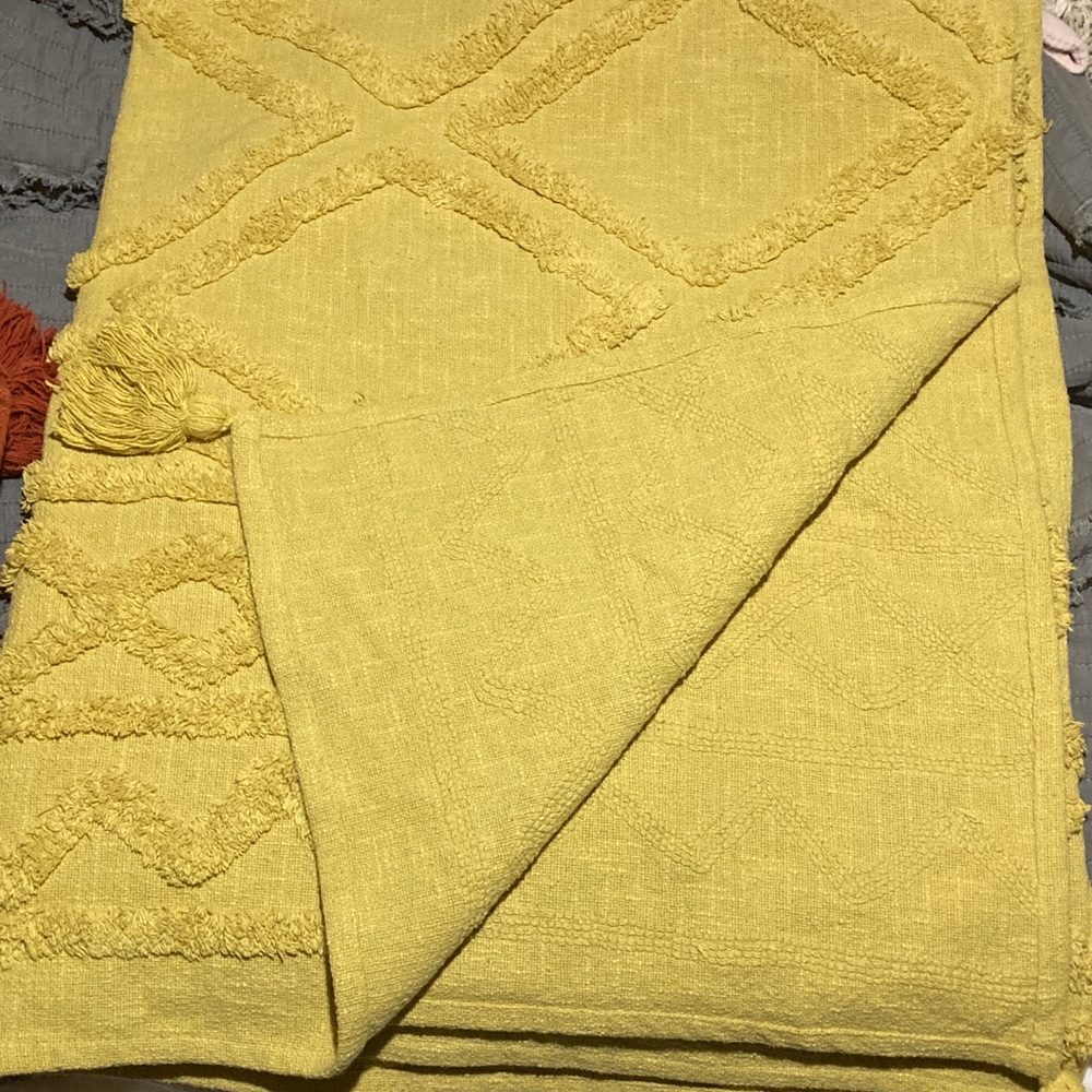 Rachel Zoe Yellow Textured Throw Blanket with tassels - Picture 9 of 9
